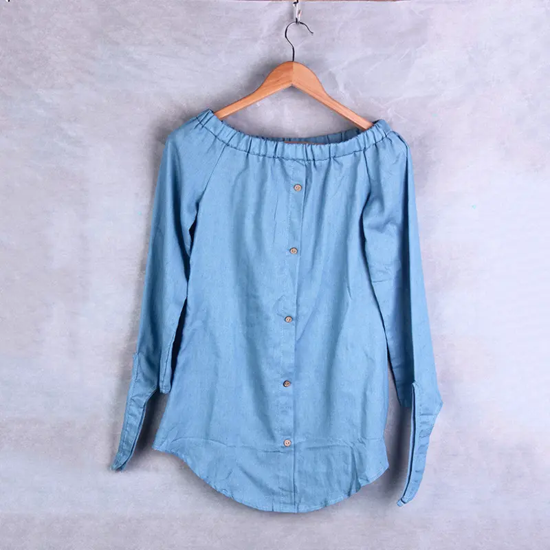 2 Color Ladies Classic Off Shoulder Button Denim Pullover Tops Shirt Dress 6