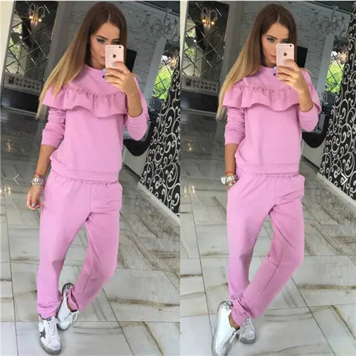 2 Piece Set Women Ruffle Casual Tracksuit Woman Long Sleeve Pullover Hoodies + Pants Two Piece Set Sweatshirt Femme 1