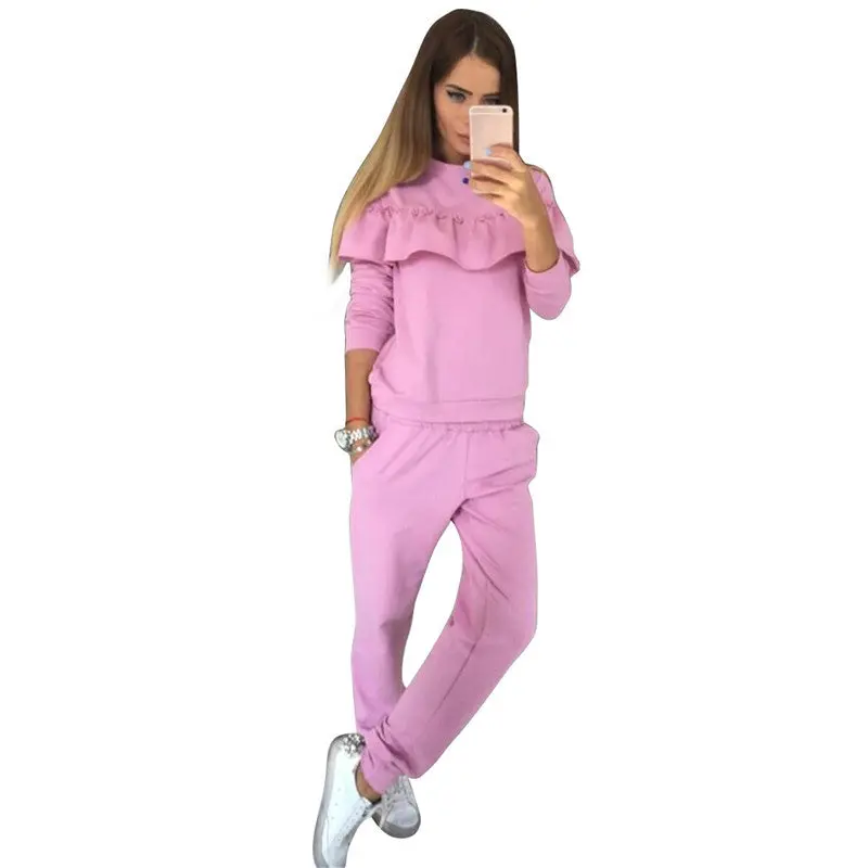 2 Piece Set Women Ruffle Casual Tracksuit Woman Long Sleeve Pullover Hoodies + Pants Two Piece Set Sweatshirt Femme 4