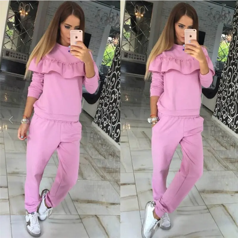 2 Piece Set Women Ruffle Casual Tracksuit Woman Long Sleeve Pullover Hoodies + Pants Two Piece Set Sweatshirt Femme 5