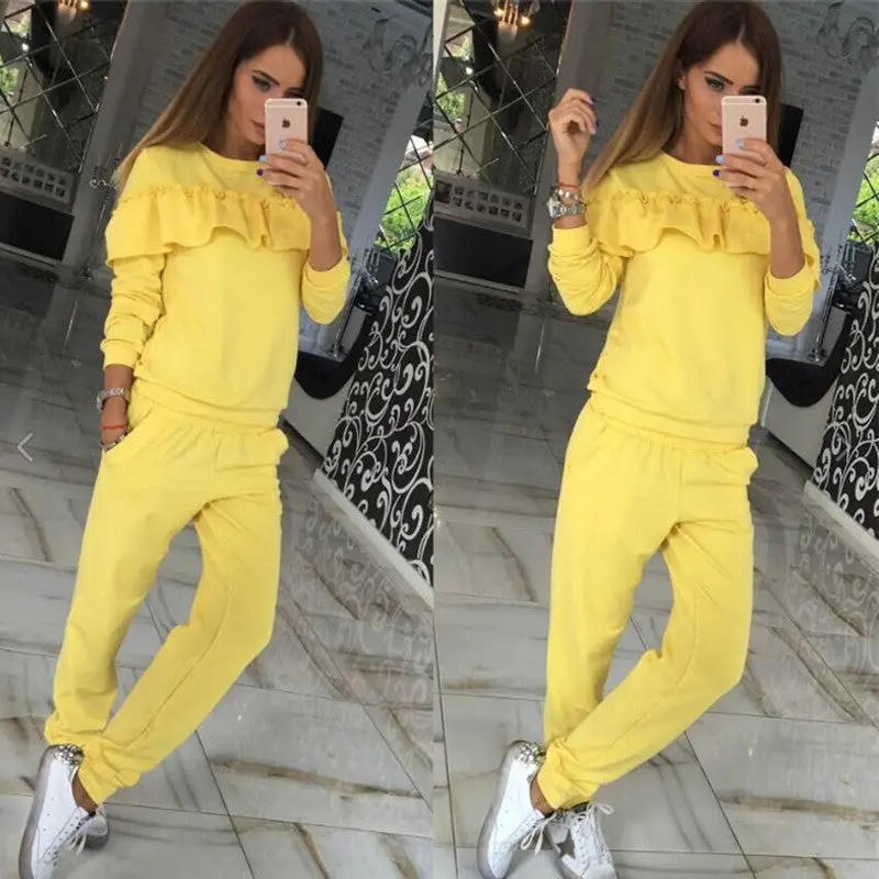 2 Piece Set Women Ruffle Casual Tracksuit Woman Long Sleeve Pullover Hoodies + Pants Two Piece Set Sweatshirt Femme 6