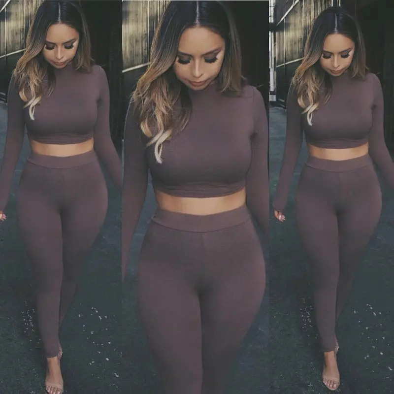 2 Piece Women Long Sleeve Crop Tops + Pants Sexy Bodycon Skinny Outfits Pants Women Sets Plus Size Gv423 4
