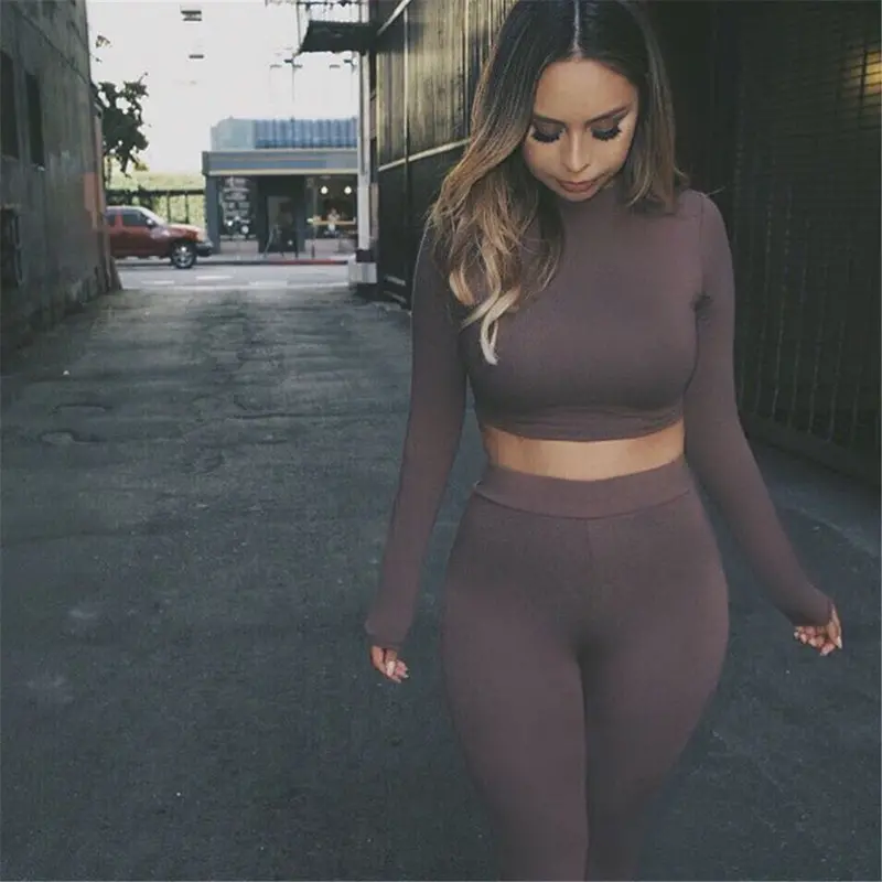 2 Piece Women Long Sleeve Crop Tops + Pants Sexy Bodycon Skinny Outfits Pants Women Sets Plus Size Gv423 9