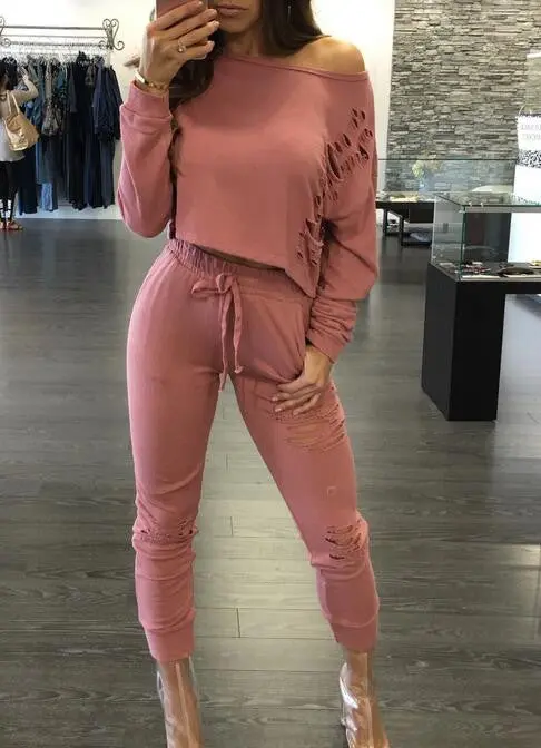 2 Piece Women Pants And Crop Top Suit Sexy Hollow Out Sexy Holes Sportswear Tracksuit 1