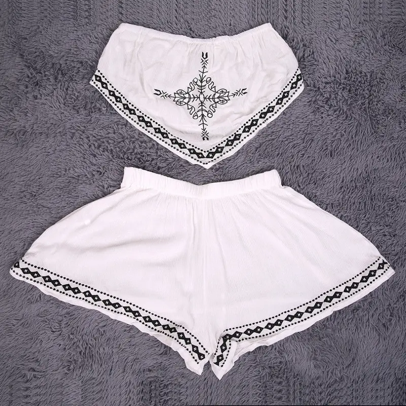 2 Pieces Outfits Strapless Embroidery Irregular Crop Tops Elastic Shorts Two Piece Romper 2