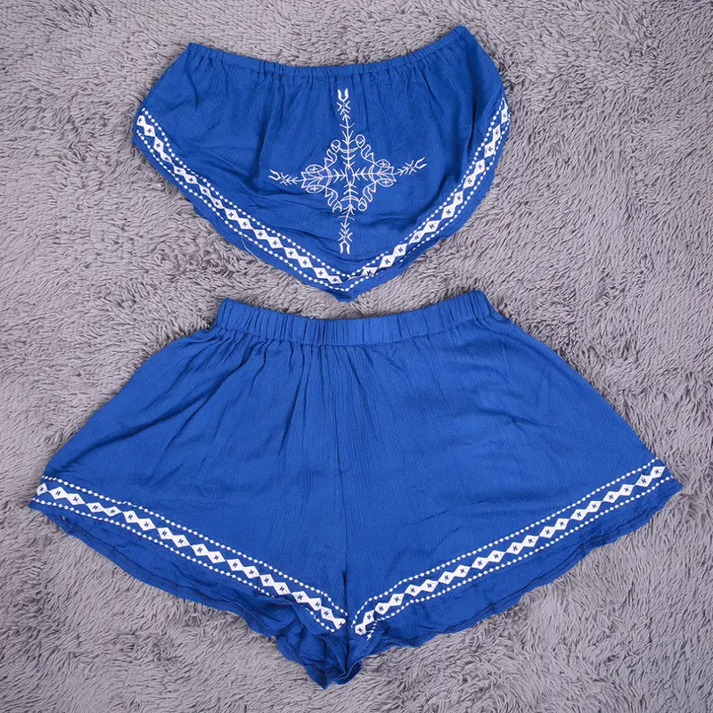 2 Pieces Outfits Strapless Embroidery Irregular Crop Tops Elastic Shorts Two Piece Romper 3