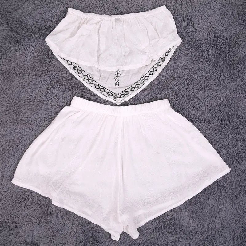 2 Pieces Outfits Strapless Embroidery Irregular Crop Tops Elastic Shorts Two Piece Romper 4