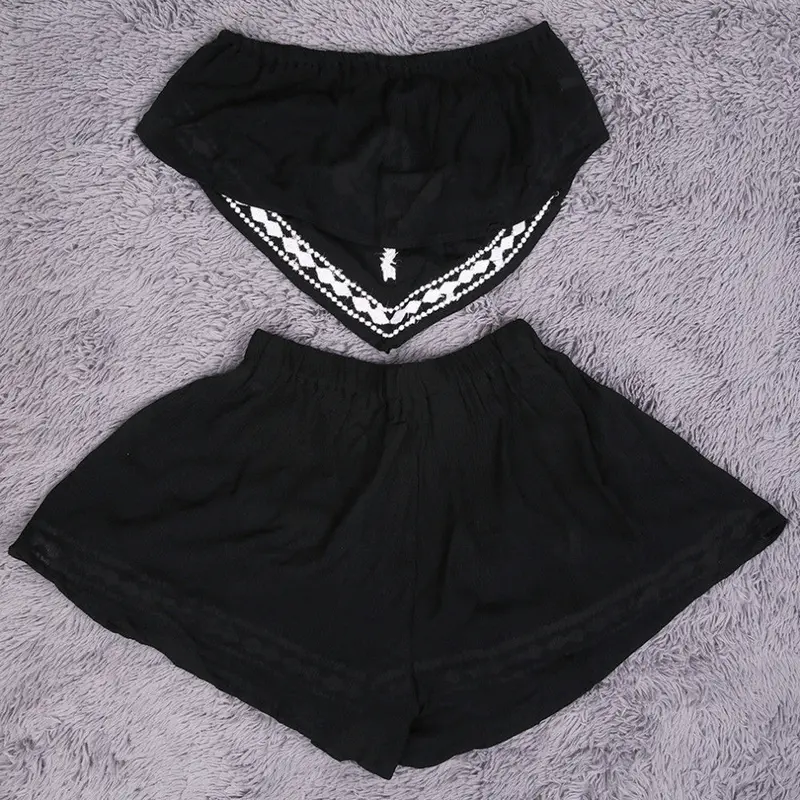2 Pieces Outfits Strapless Embroidery Irregular Crop Tops Elastic Shorts Two Piece Romper 5