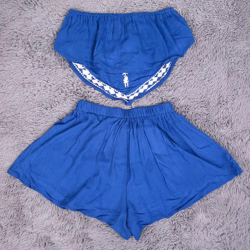 2 Pieces Outfits Strapless Embroidery Irregular Crop Tops Elastic Shorts Two Piece Romper 6