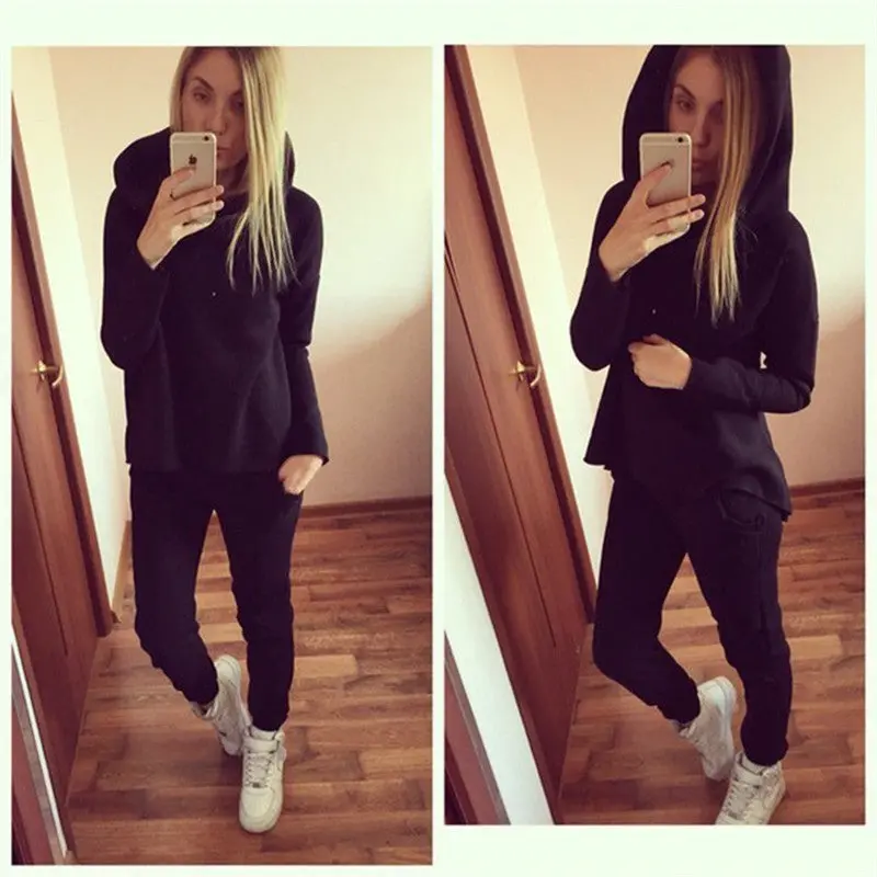 2 Pieces Sets Womens Hoodie Tracksuit Irregular Sweatshirt Hooded Sport Wear Sportsuits Casual Chandal Mujer Suit M0456 1