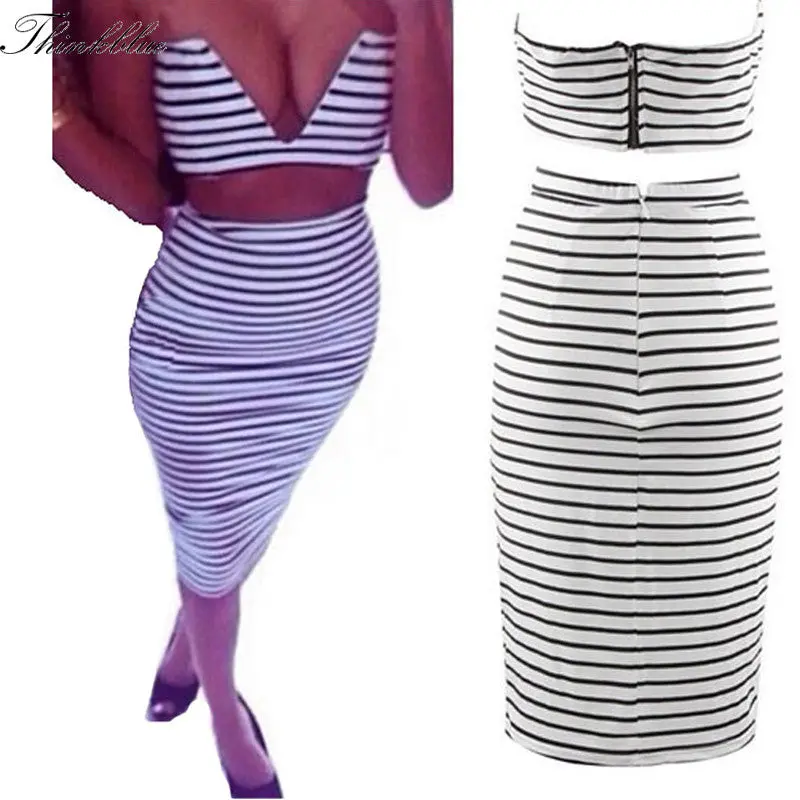 2 Pieces Sexy Black & White Stripe Women Crop Top And Skirt Set Deep V-Neck Bustier Crop Top + Pencil Skirt Set 1