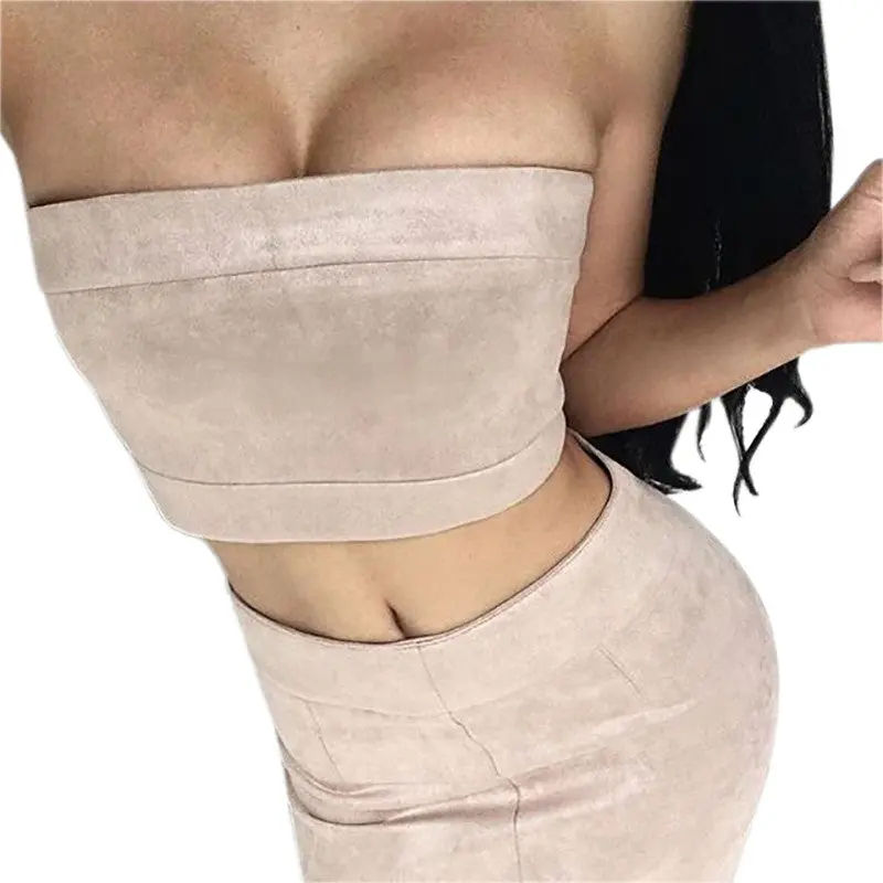 2 Pieces Women Sexy Strapless Suede Bandage Bodycon Midi Skirts Club Bandage Vestidos Suede Bodycon Outfits Gv483 5