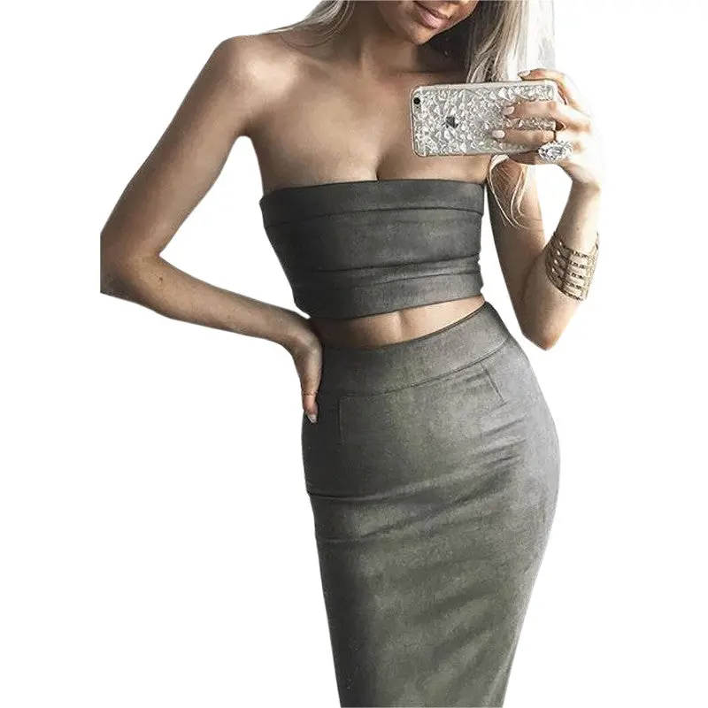 2 Pieces Women Sexy Strapless Suede Bandage Bodycon Midi Skirts Club Bandage Vestidos Suede Bodycon Outfits Gv483 7