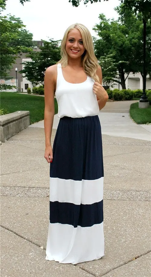 2 Styles Cotton Casual Maxi Dress Plus Size Beach Boho Dress Color Contrast Striped Floor-Length Long Dress For Women 5