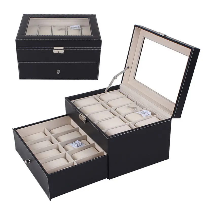 20 Slot Watch Box Jewelry Box Leather Display Case Organizer Top Glass Jewelry Storage Black Fast Shipping Feida 1