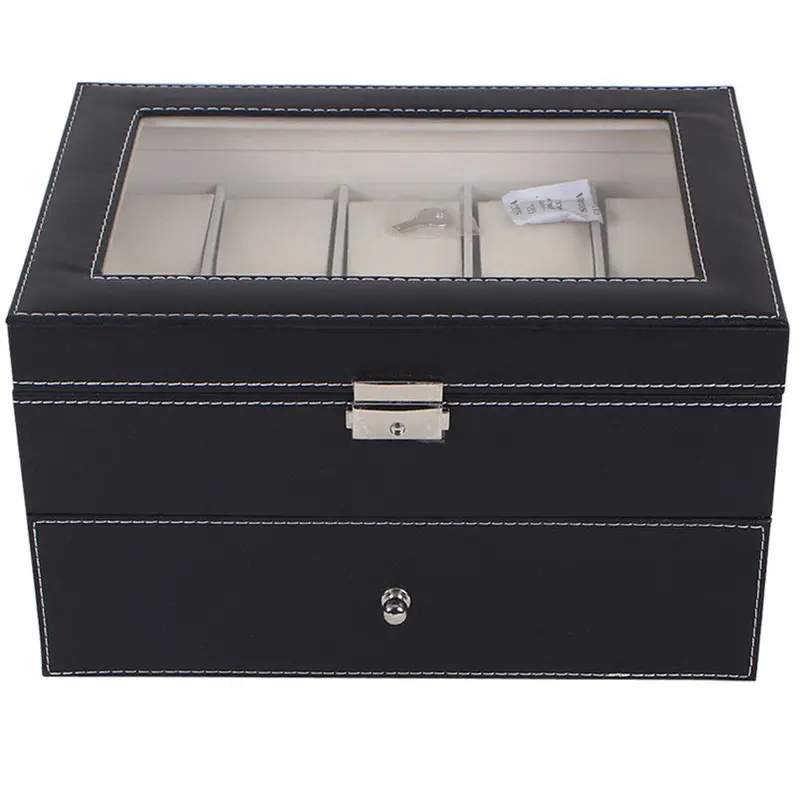 20 Slot Watch Box Jewelry Box Leather Display Case Organizer Top Glass Jewelry Storage Black Fast Shipping Feida 2