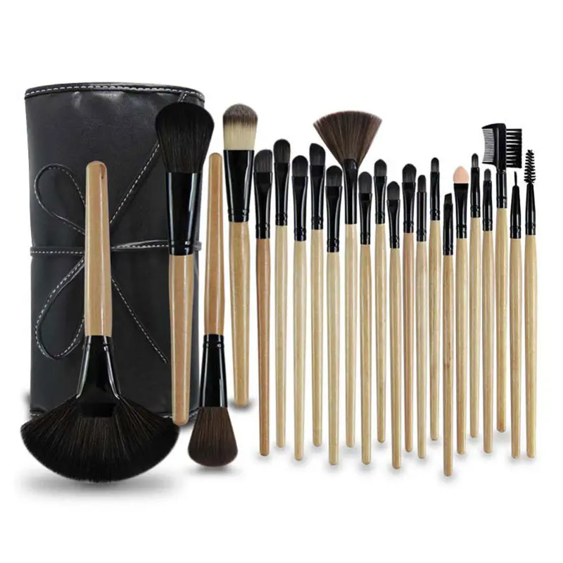 24Pcs Wood Hle Makeup Brush Pressional Pro Blush Cosmetic Eyeshadow Brushes Black Pouch Bag 1