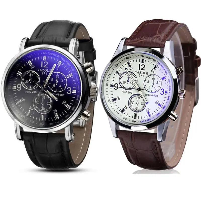 2Pc Luxury Fashion Faux Leather Mens Blue Ray Glass Quartz Analog Watches Quartz-Watch Relogio Masculino Feminino Montre 1