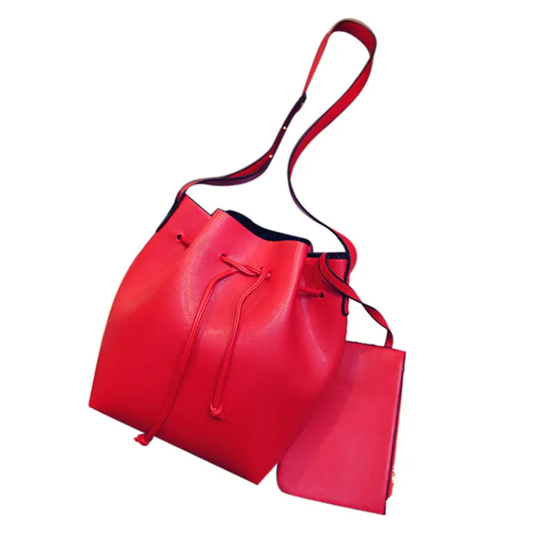 2Pc Women Bucket Bag Drawstring Handbag Retro Lady Shoulder Bag Design Handbags 1