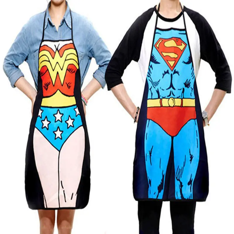 2Pcs Funny Novelty Sexy Dinner Party Superman Cooking Apron Wonder Woman Men52077 1