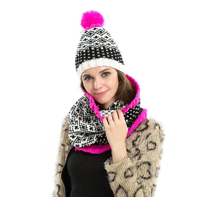 2Pcs Hat+Scarf Women Cap Beanie+Scarf Woolen Warm Hat Knitted Hat Beanie Caps Christmas Gift 1
