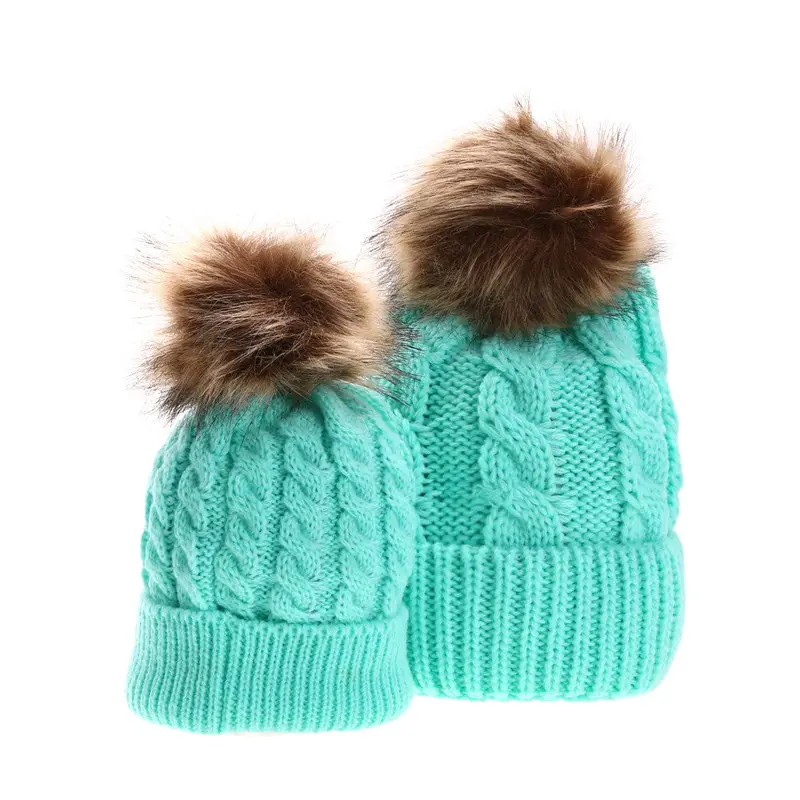 2Pcs Mom Baby Hat Fur Pompom Hat Baby Boys Girls Beanie Hats Cotton Knitted Caps For Kids 1