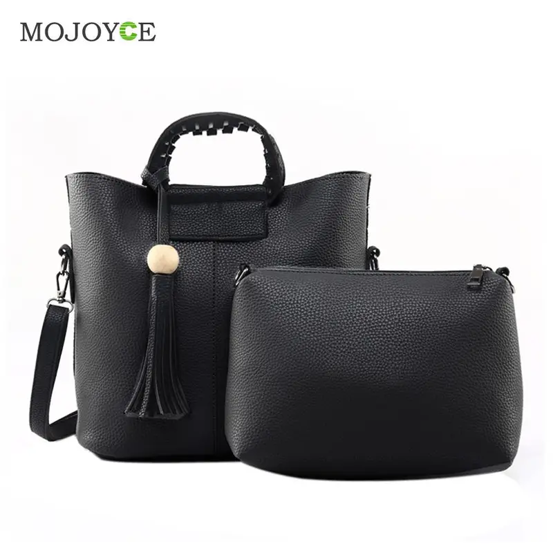 2Pcs New Fasion Women Leather Handbag Pu Tote Wooden Beads Tassel Shoulder Women Messenger Bags Sac A Main 1