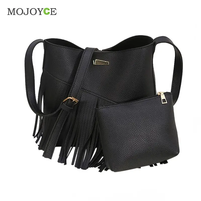 2Pcs New Female Fashion Pu Lether Women Bag Tassel Shoulder Crossbody Bag Retro Women Leather Handbags Women Messenger Bag 1