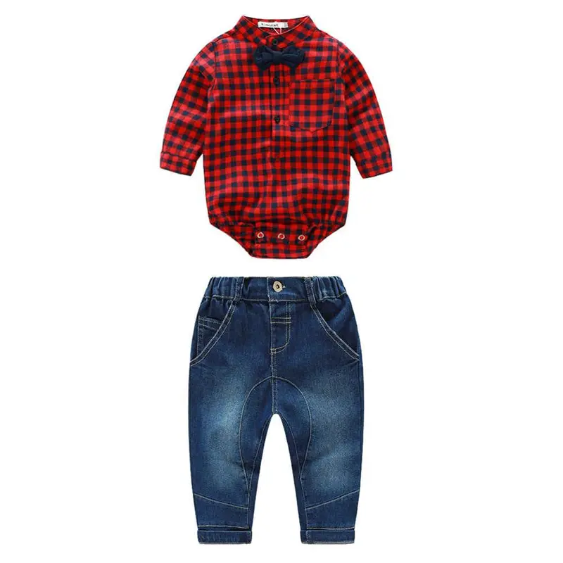 2Pcs Plaid Baby Boy Clothes Gentleman Rompers Long Sleeve + Pants Suit Kids Boy Clothing Kids Clothes 1