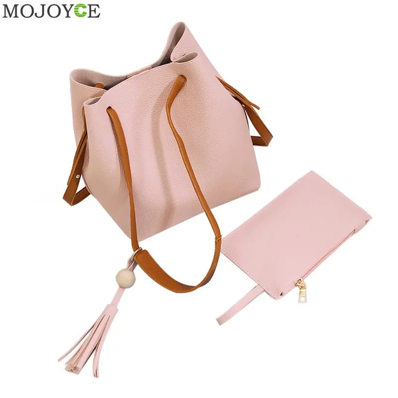 2Pcs Shoulder Bags Designer Women Leather Handbags Pu Leather Drawstring Bucket Bag Crossbody Bolsos Mujer 1