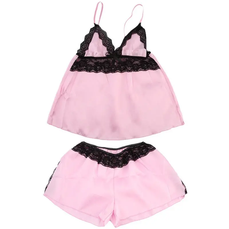 2Pcsset Etaoline Sexy Ladiestops + Short Pants Polyester Fiber Lace Decoration Solid Night Sleepwear 1