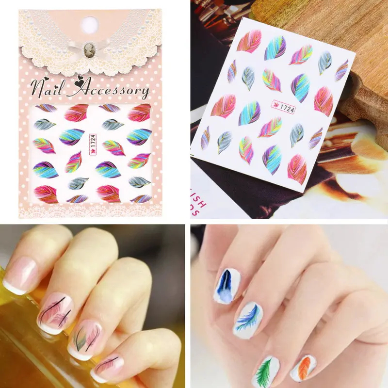 2Sets Colorful Beauty Feather Nail Art Decal Water Transfer Stickersnail Art Tips Decoration Forgirl 1