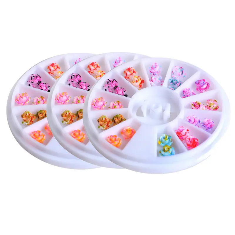 3 24Pcs/Box Resin Blooming Roses Stained Art Nails 3D Decorations Wheel Mixed 12 Colors Manicure Accessories 1