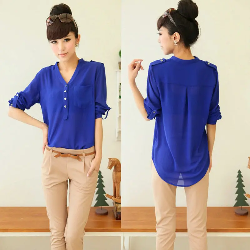 3 Colors Women V-Neck Chiffon Long Sleeve Casual Shirt Blouse 1