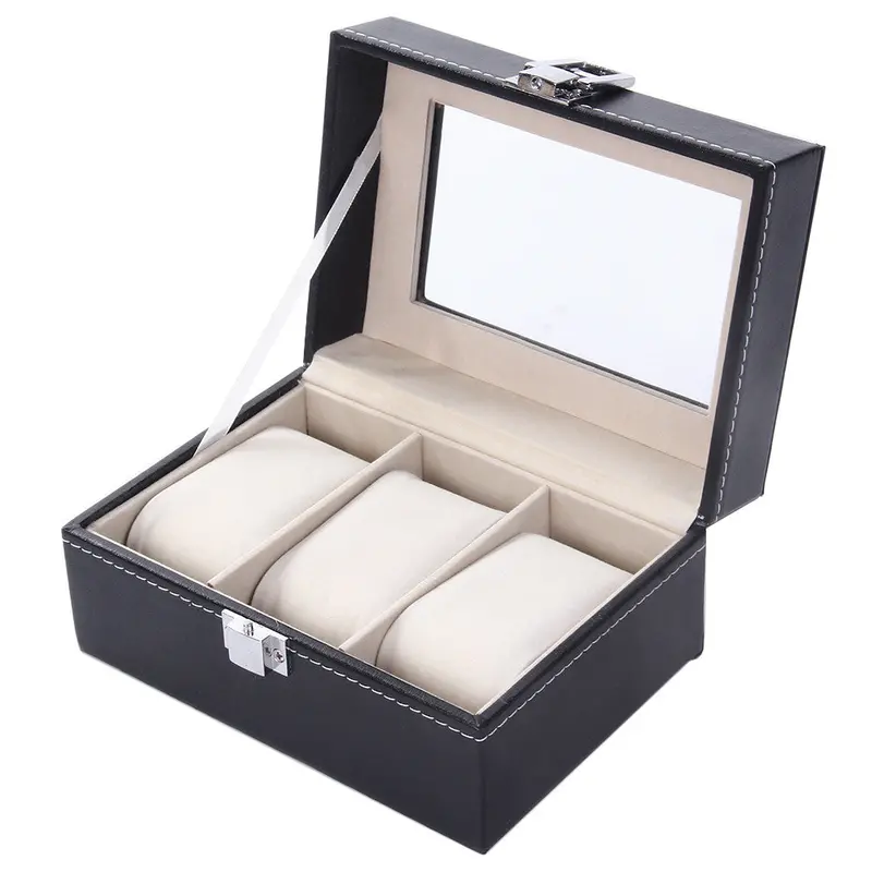 3 Grid Plain Pattern Black Pu Leather Watches Display Case Jewelry Boxes Storage Watch Box Caixa Para Relogio 1