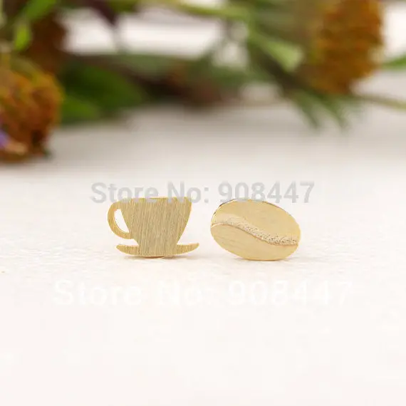 30Pcs-S040 Jewelry Gold Silver Cute Coffee Cup And Bean Stud Earrings 1