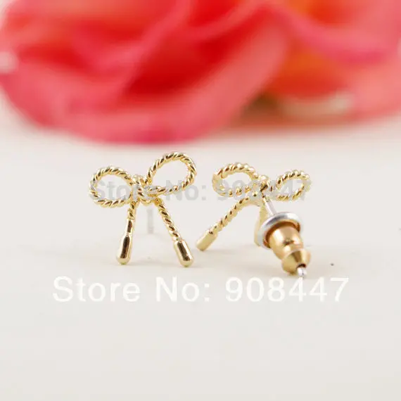 30Pcs-S049 Jewelry Gold Silver Pink Gold Little Twist Bow Stud Earrings 2