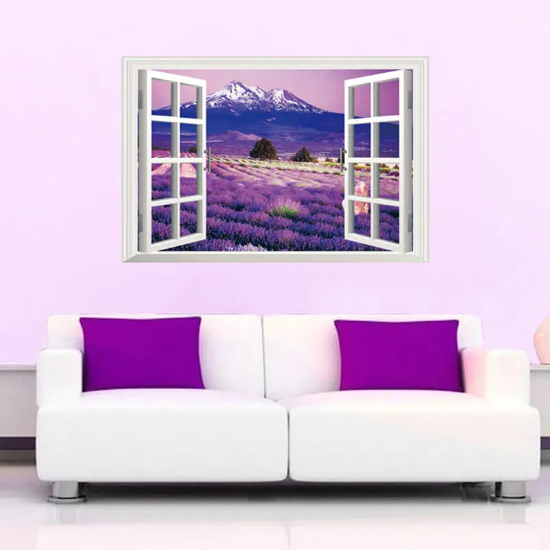 3D Provence Lavender Window Scenery Wall Sticker Romantic Flower Sea Decal Outdoor Landscape Wall Decor Living Room Art 85450 1
