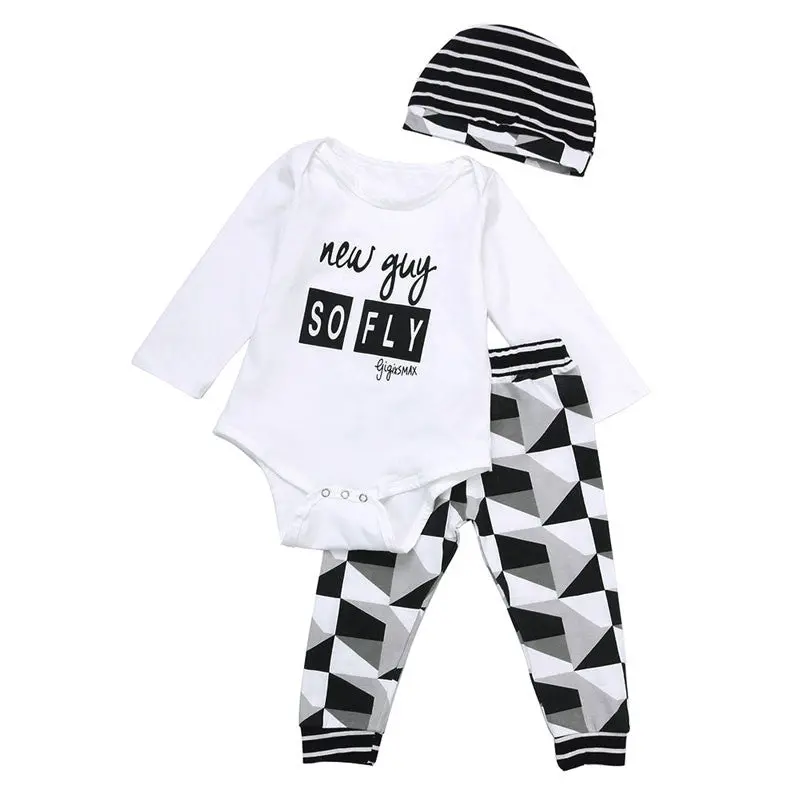 3Pcs Baby Boy Clothes Kids Infant Born Baby Girl Romper Long Sleeve + Hat + Pants Bodysuit Outfits Clothing 1