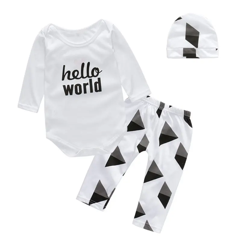 3Pcs Baby Clothes Kids Hello World Letter Print Tops Rompers Hat Pants Baby Girl Clothing 1