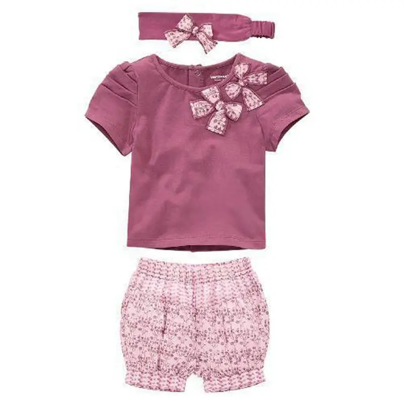 3Pcs Baby Girl Clothes Baby Suits Children T-Shirt+Pant / Pleated Short Sleeve Bow T-Shirt Floral Layered Shorts 1