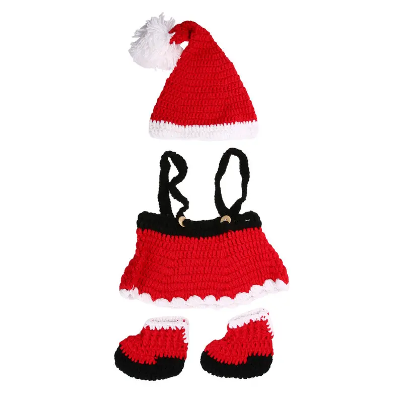 3Pcs Born Pography Props Christmas Baby Santa Claus Hat + Pants Shoes Red Crochet Knitted Costume 1