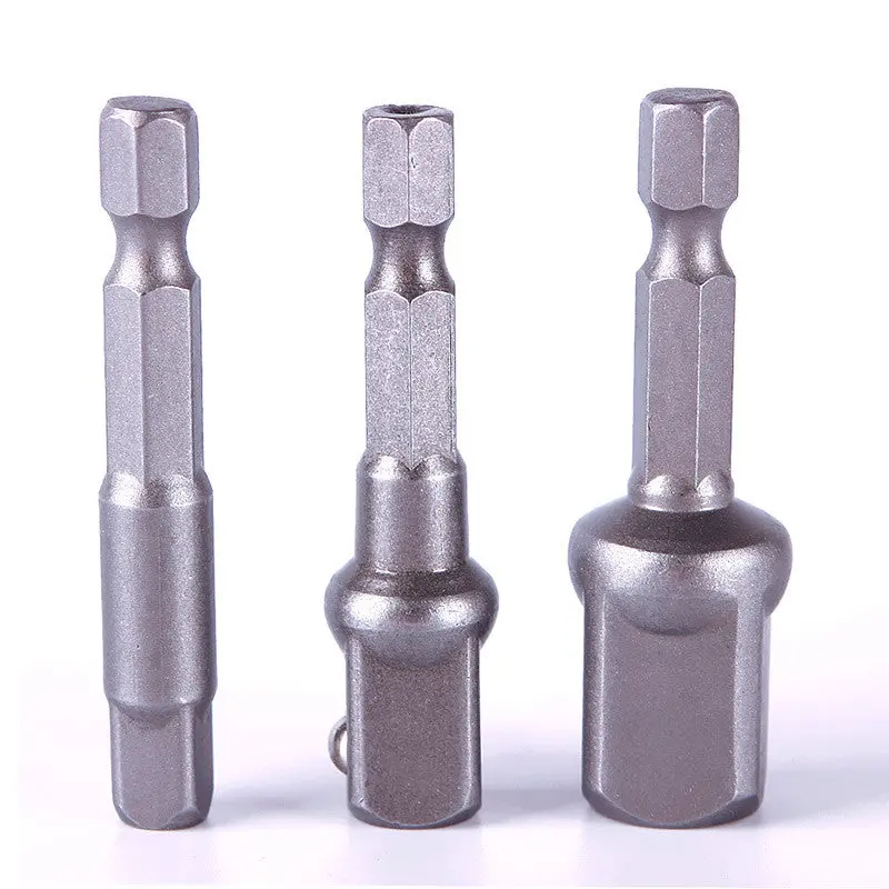 3Pcs Chrome Vanadium Steel Socket Adapter Set Hex Shank To 1/4" 3/8" 1/2" Drill Bits Bar Hex Bit Set Power Tools 1