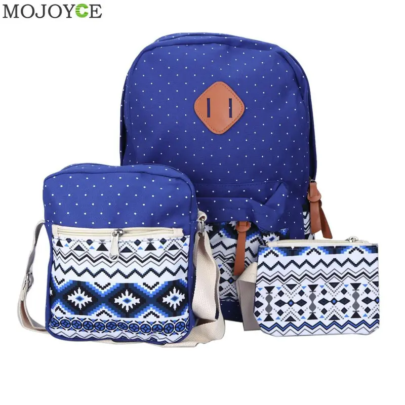 3Pcs Fasion Canvas Women Backpack Girls School Bags Ethnic Vintage Retro Dot Printing Canvas Backpacks Composite Clutch 1