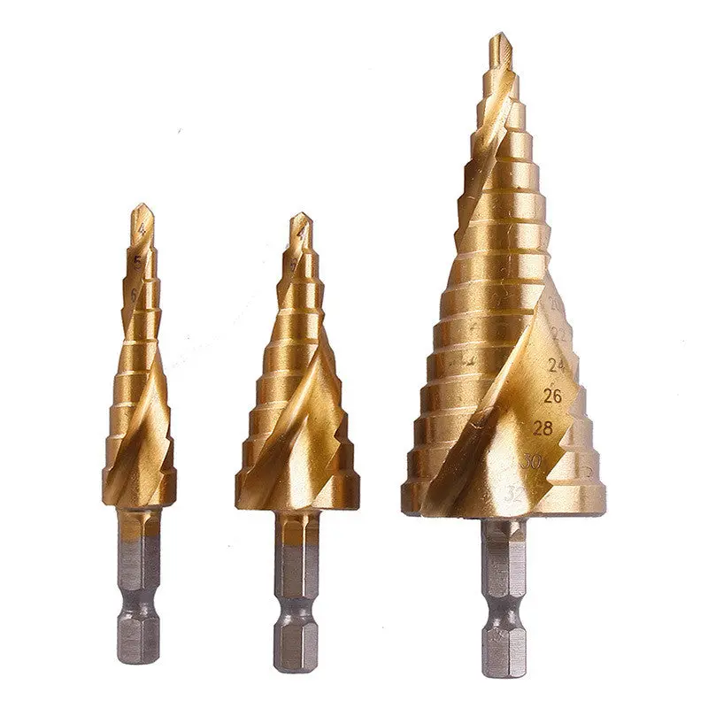 3Pcs Hex Hss Steel 4-12Mm/ 4-20Mm/ 4-32Mm Yellow Spiral Grooved Step Drill Tools 69256 1
