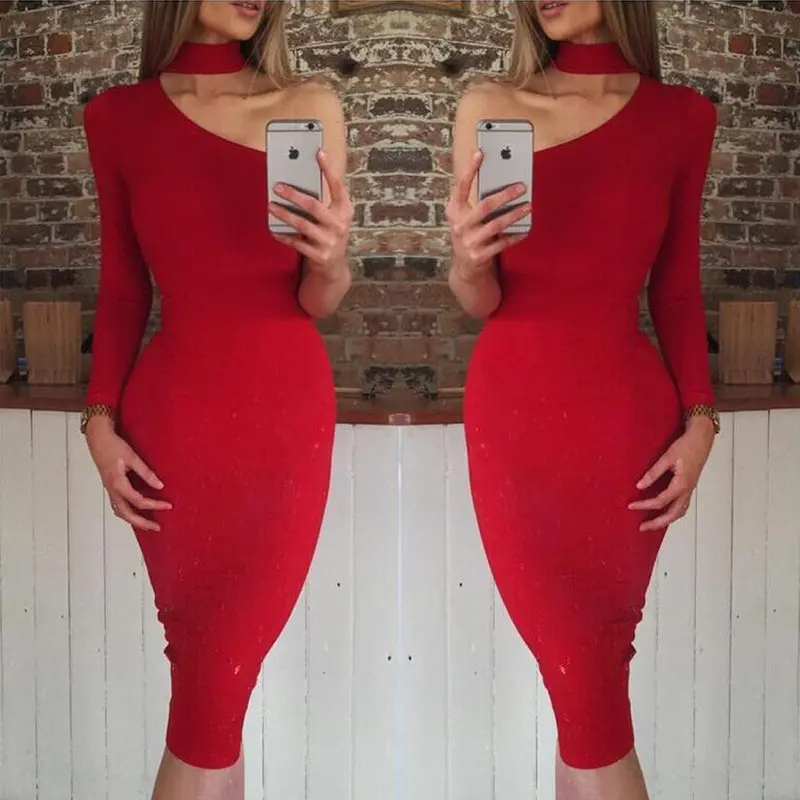 4 Colors Bodycon Solid Dresses Sexy One-Shoulder Halter Women Knee-Length Dress Sexy Club Party Wear Vestidos M0675 5