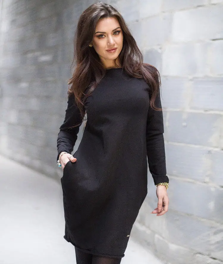 4 Colors Women Dress Solid Elegant Dresses Casual Cotton Warm Vestidos Sexy Long Sleeve With Pockets Lx063 1