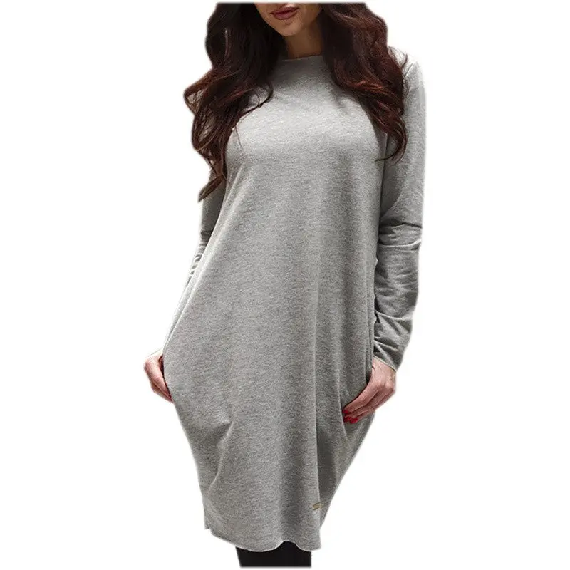 4 Colors Women Dress Solid Elegant Dresses Casual Cotton Warm Vestidos Sexy Long Sleeve With Pockets Lx063 5