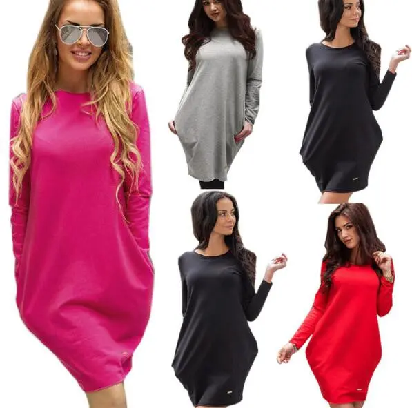 4 Colors Women Dress Solid Elegant Dresses Casual Cotton Warm Vestidos Sexy Long Sleeve With Pockets Lx063 9