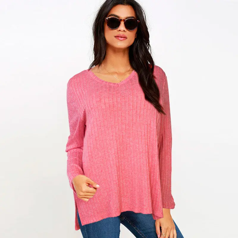 4 Colors Women Sexy Loose Sweaters Casual Knitted Top Bottoming Shirts Long Sleeve V-Neck Side Split Knitwear M0601 1